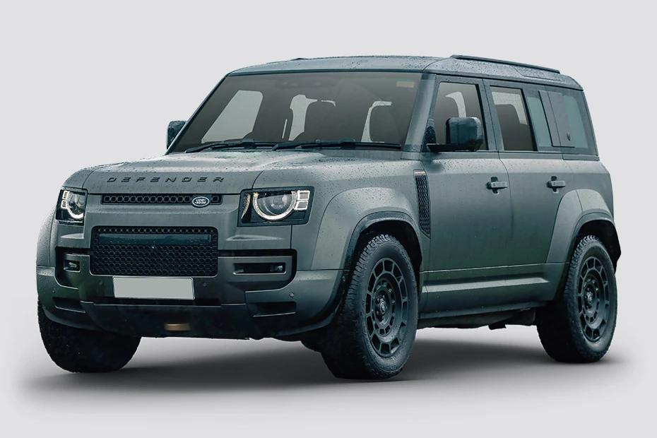 Land Rover Defender front-angle view highlighting proportions, lighting, and stance