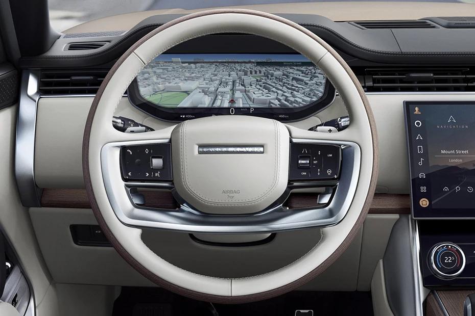 Land Rover Range Rover steering-wheel view highlighting grip, controls, and comfort