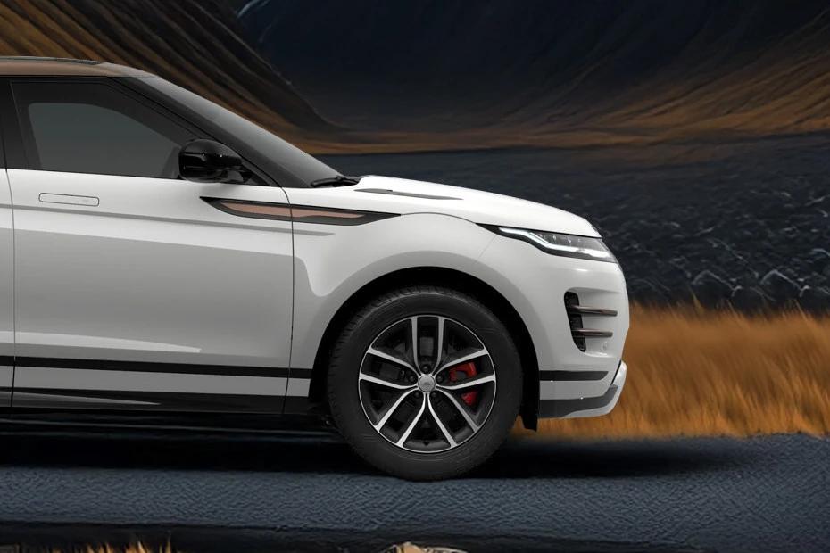 Land Rover Range Rover Evoque wheel-closeup view highlighting pattern, finish, and attitude
