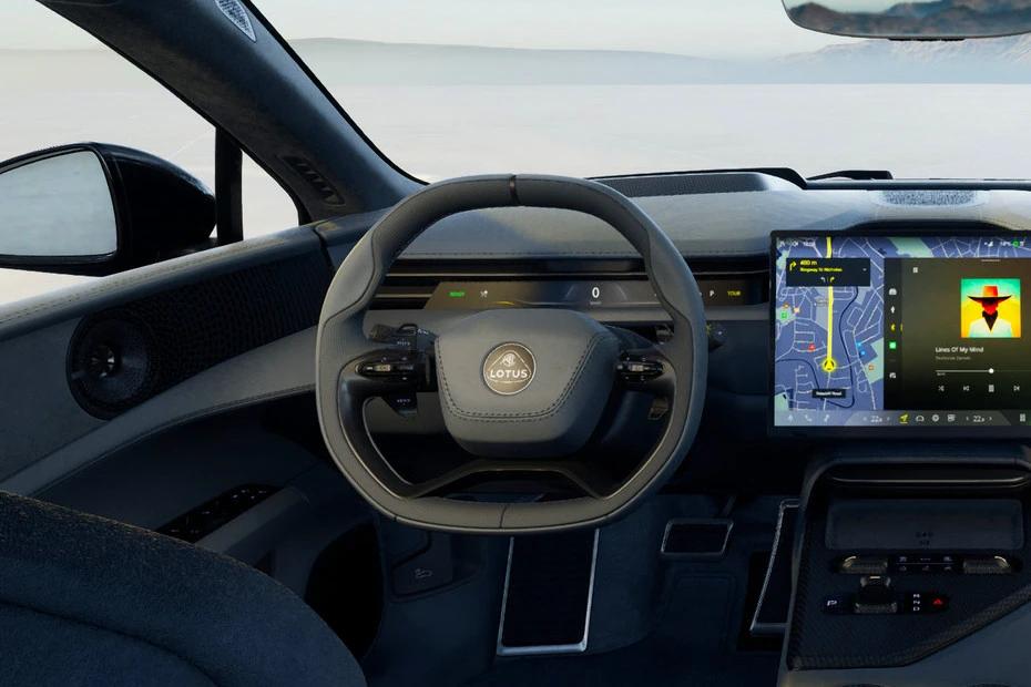 Lotus Emeya steering-wheel view highlighting grip, controls, and comfort