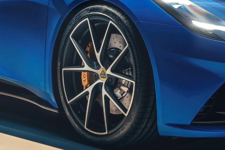 Lotus Emira wheel-closeup view highlighting pattern, finish, and attitude