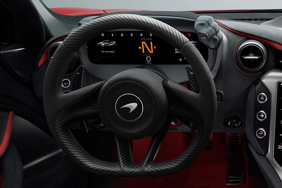 Mclaren 750s steering-wheel view highlighting grip, controls, and comfort
