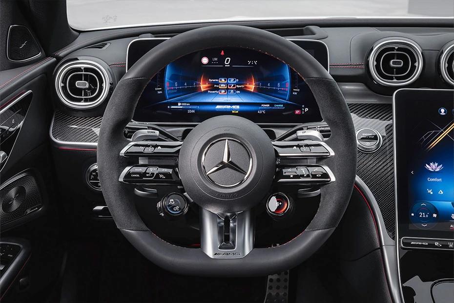 Mercedes Benz Amg C43 steering-wheel view highlighting grip, controls, and comfort