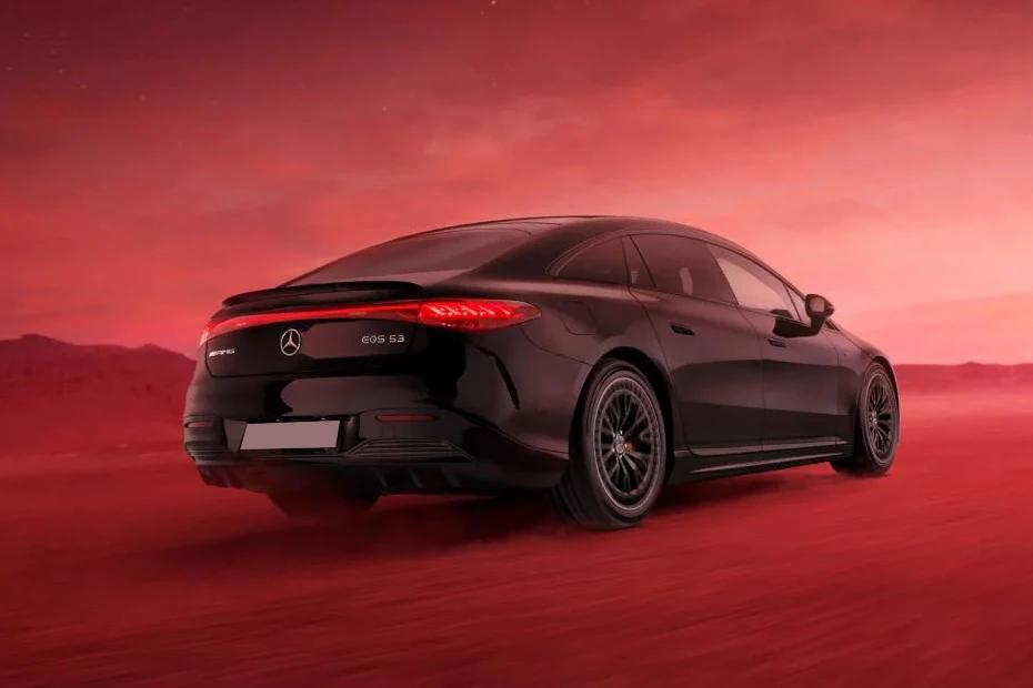 Mercedes Benz Amg Eqs rear-view view highlighting width, presence, and balance