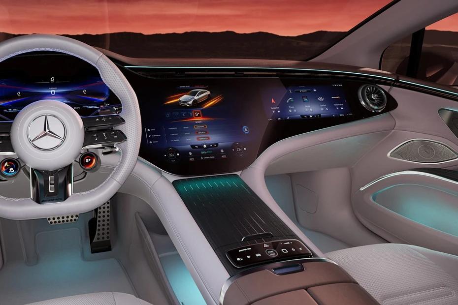 Mercedes Benz Amg Eqs console-view view highlighting storage, controls, and ergonomics