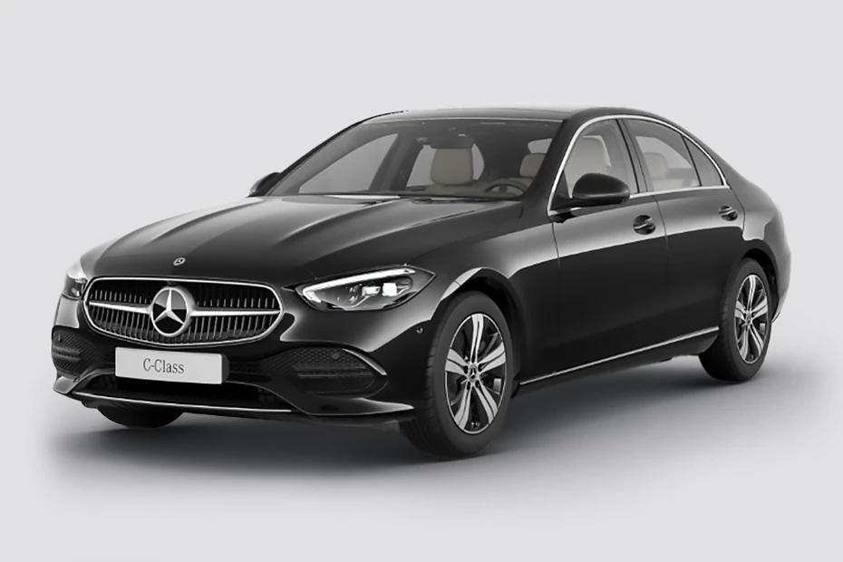 Mercedes Benz C Class front-angle view highlighting proportions, lighting, and stance