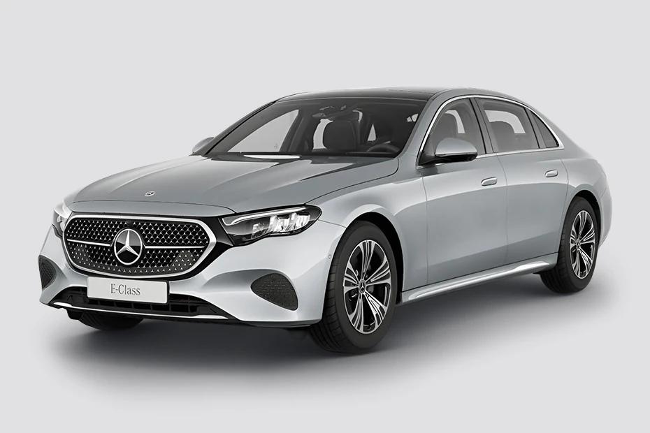 Mercedes Benz E Class front-angle view highlighting proportions, lighting, and stance