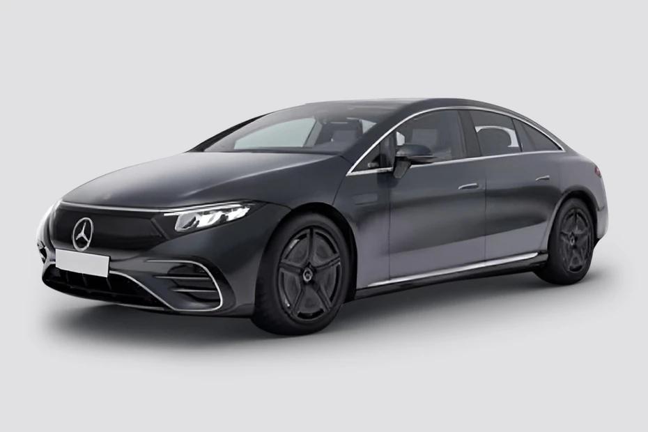 Mercedes Benz Eqs front-angle view highlighting proportions, lighting, and stance