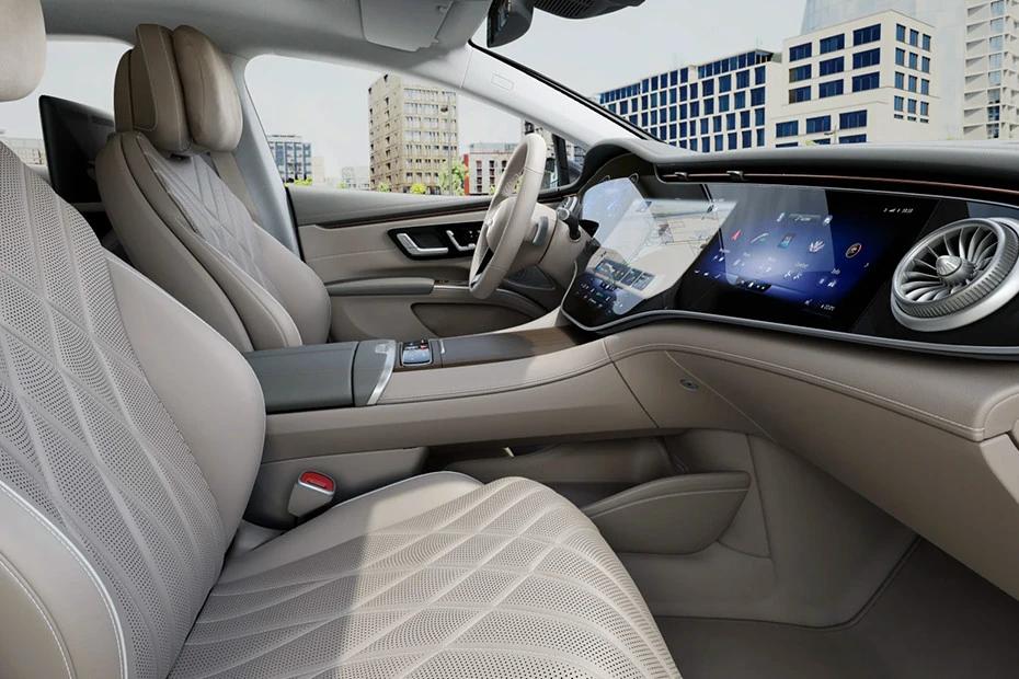 Mercedes Benz Eqs front-seats view highlighting support, padding, and comfort