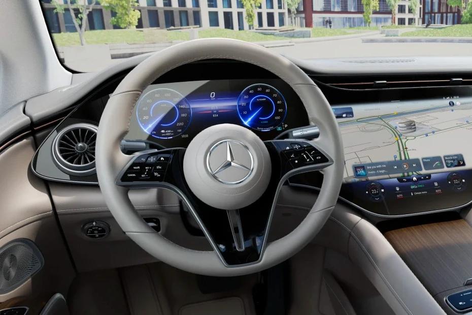 Mercedes Benz Eqs steering-wheel view highlighting grip, controls, and comfort