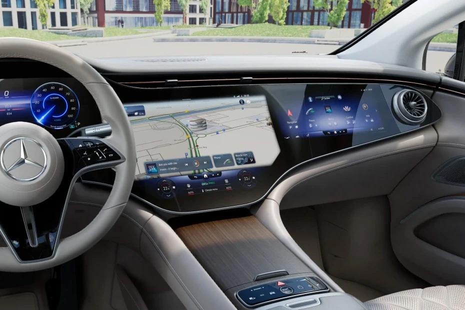 Mercedes Benz Eqs console-view view highlighting storage, controls, and ergonomics