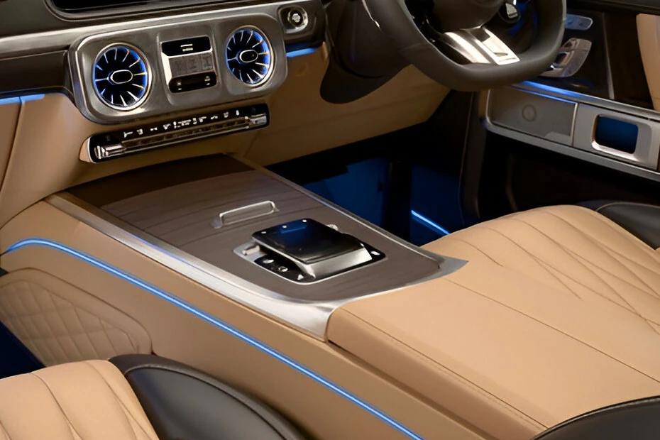 Mercedes Benz G Class console-view view highlighting storage, controls, and ergonomics