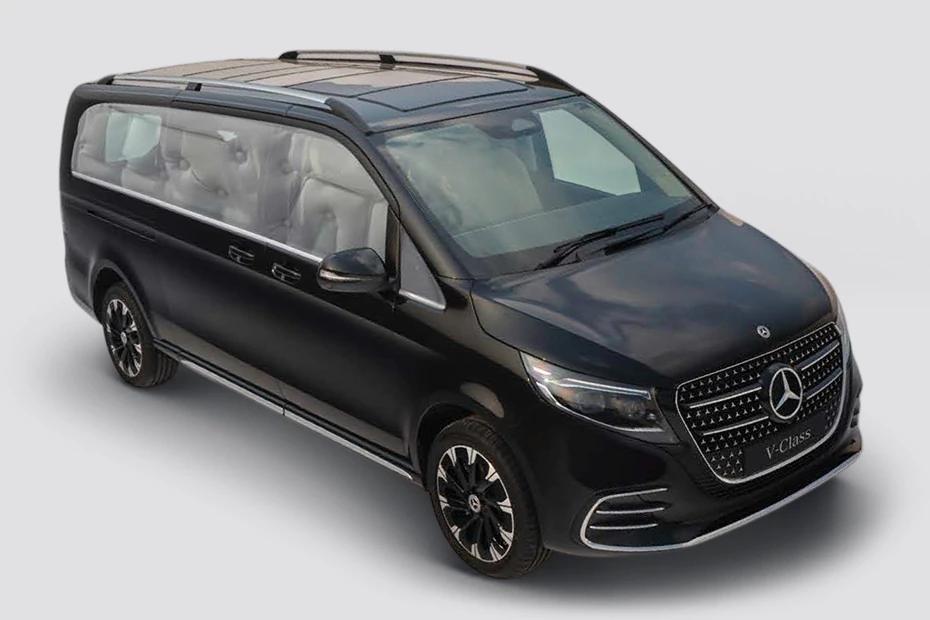 Mercedes Benz V Class front-angle view highlighting proportions, lighting, and stance