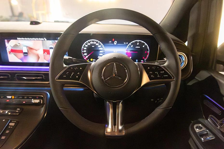 Mercedes Benz V Class steering-wheel view highlighting grip, controls, and comfort