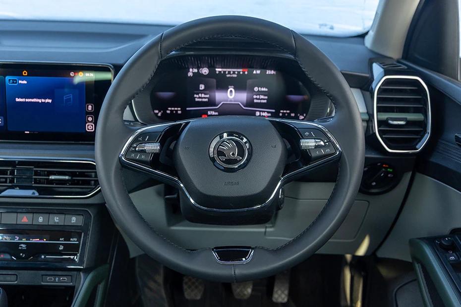 Skoda Kylaq steering-wheel view highlighting grip, controls, and comfort