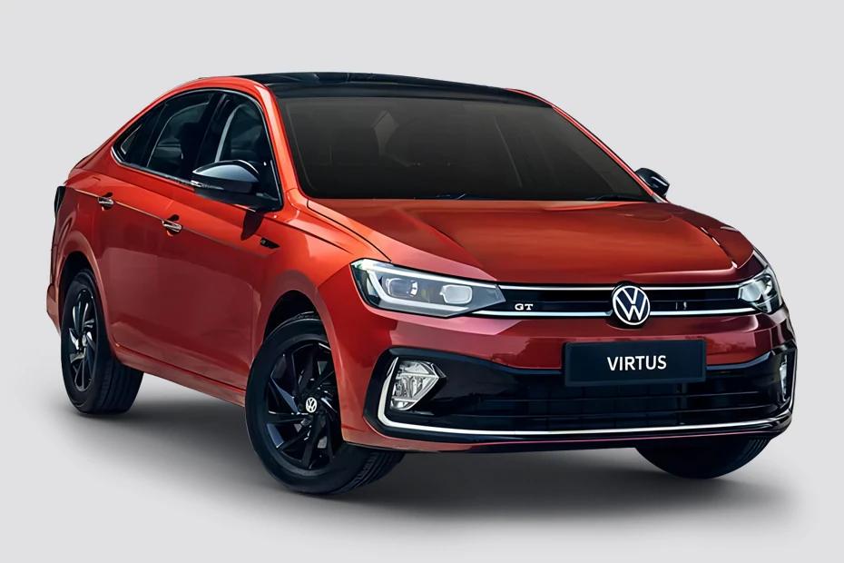 Volkswagen Virtus front-angle view highlighting proportions, lighting, and stance
